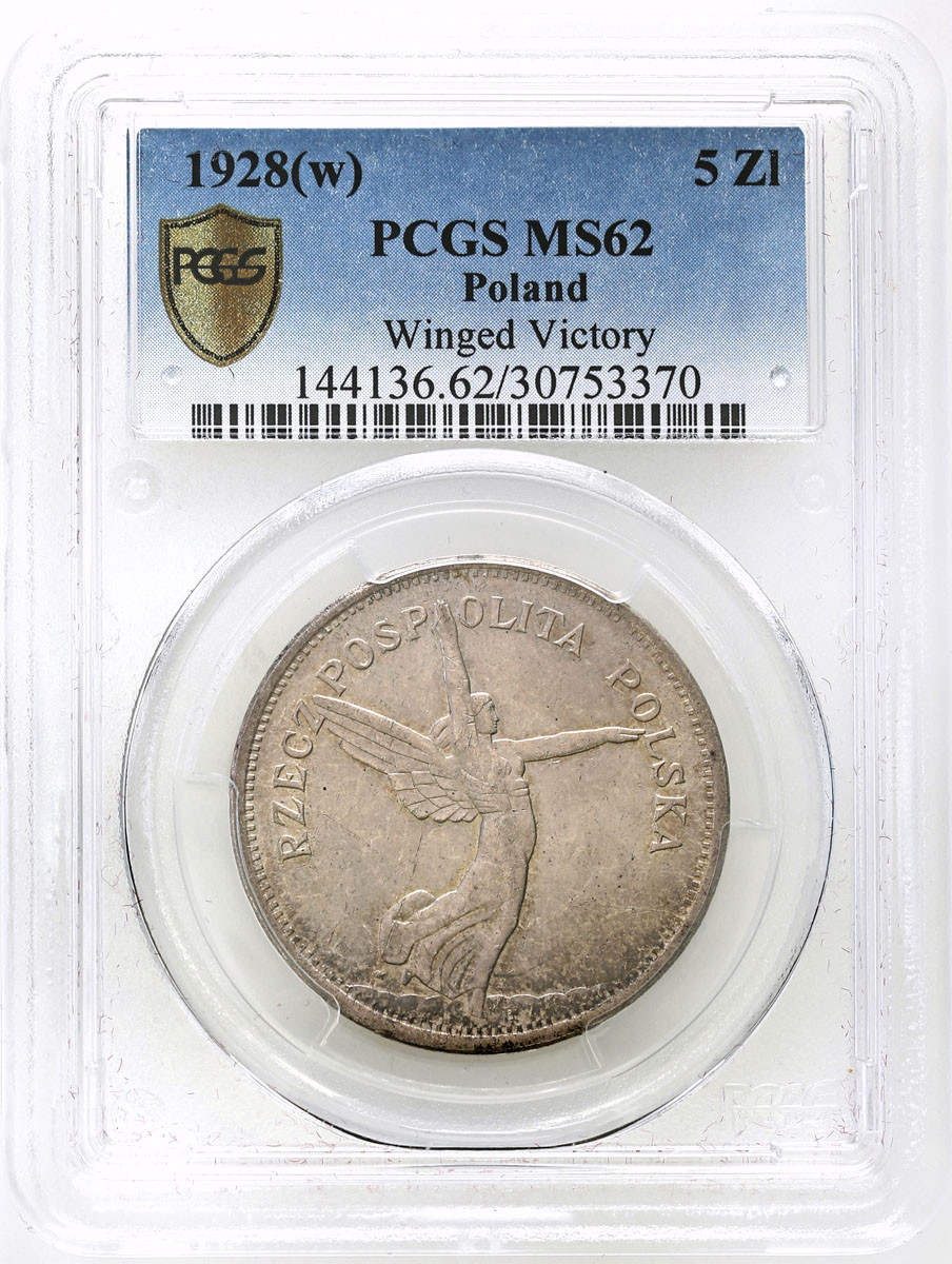 II RP. 5 złotych 1928 Nike (ze znakiem) PCGS MS62 - PIĘKNA